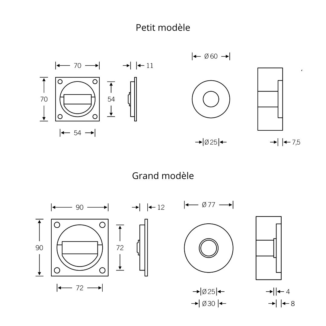 Poignée encastrée carrée à anneau