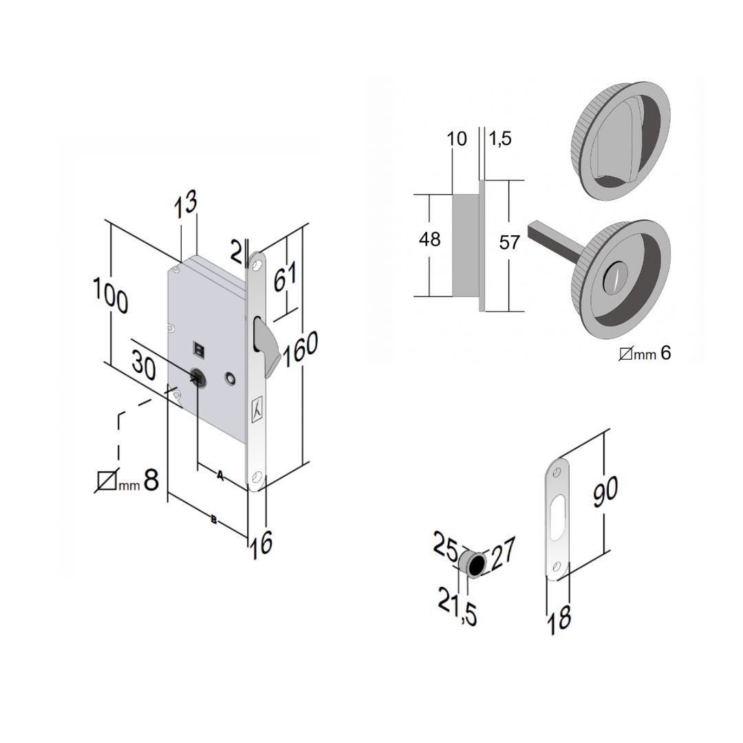 Poignée encastrée à Condamnation Ø48 mm avec serrure