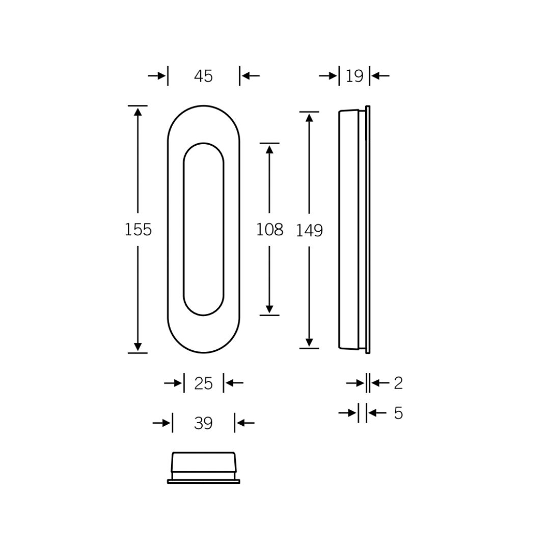 Poignée de porte encastrée Ovale 155x45 mm