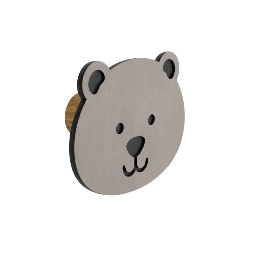 Patère murale Ours Gris Porte manteau pour chambre d'enfant en bois et en cuir Patère murale Ours Gris Porte manteau pour chambre d'enfant en bois et en cuir