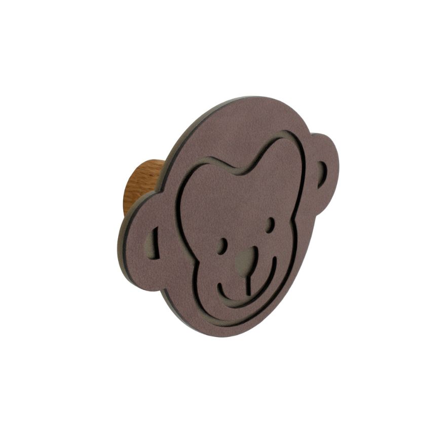 Patère murale Singe Marron Porte manteau pour chambre d'enfant en bois et en cuir
