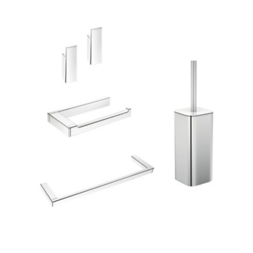 Pack IC BL Chrome brillant : 2x Patères, 1 Porte-rouleau, 1 Porte-serviette (45cm), et 1 Porte-balayette Pack IC BL Chrome brillant : 2x Patères, 1 Porte-rouleau, 1 Porte-serviette (45cm), et 1 Porte-balayette