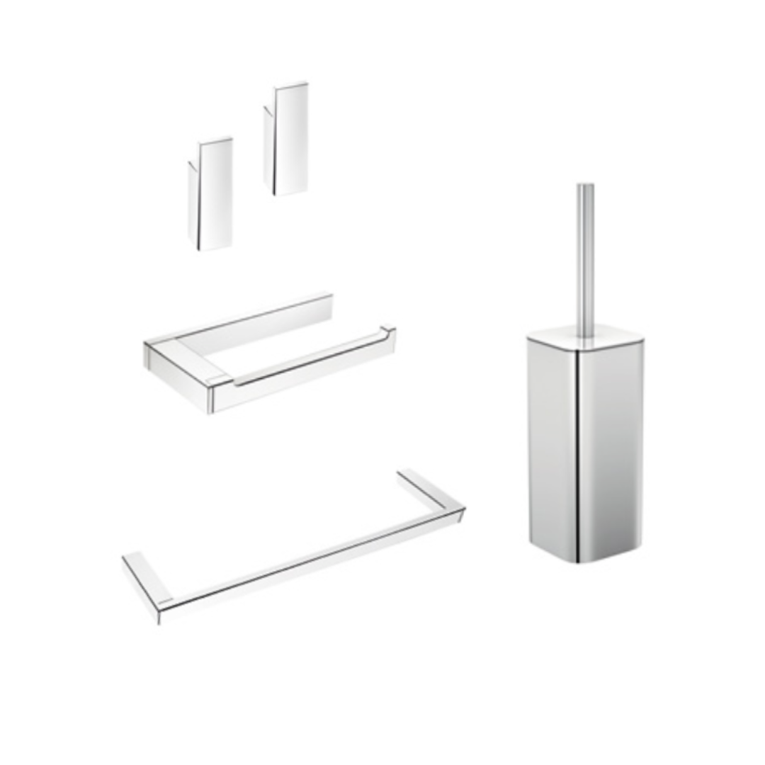 Pack IC BL Chrome brillant : 2x Patères, 1 Porte-rouleau, 1 Porte-serviette (45cm), et 1 Porte-balayette