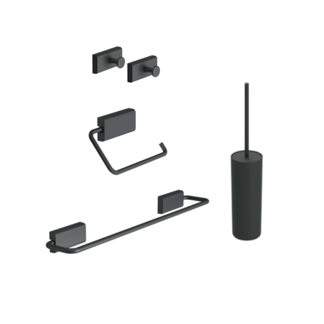 Pack IC NT: 2x Coat hooks, 1 Roll holder, 1 Towel holder (40cm), and 1 Toilet brush holder