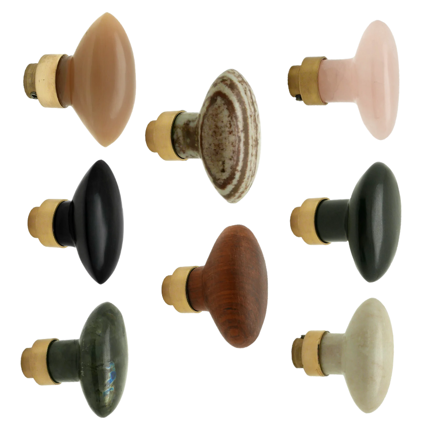 Bouton de Porte Olive Pierre Naturelle Base laiton poli