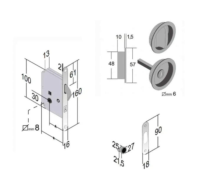 Poignée de porte encastrée ronde Adelfia Simple à condamnation avec serrure